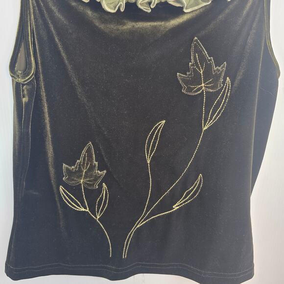 Y2K 90s XOXO Velvet Ruffle Trim Floral Embroidered Tank Top L Dark Green - Picture 5 of 7